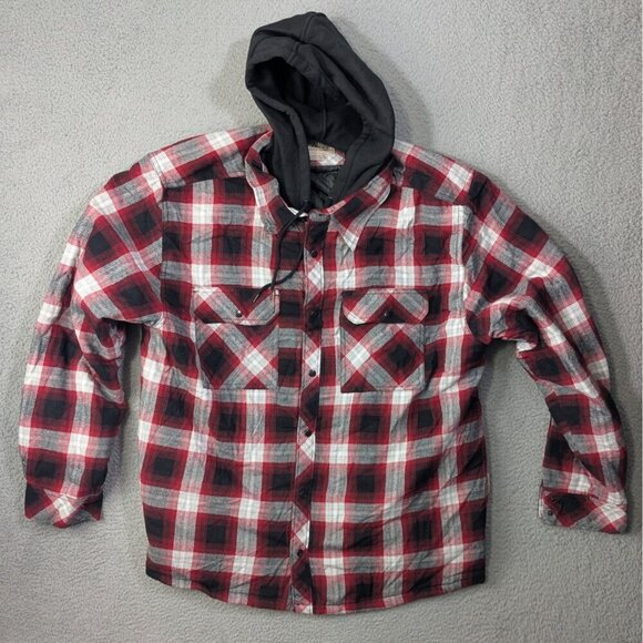 Boston Traders Flannel Hoodie Mens XXL Quilted Hooded Shirt Jacket Red Plaid - Picture 1 of 13